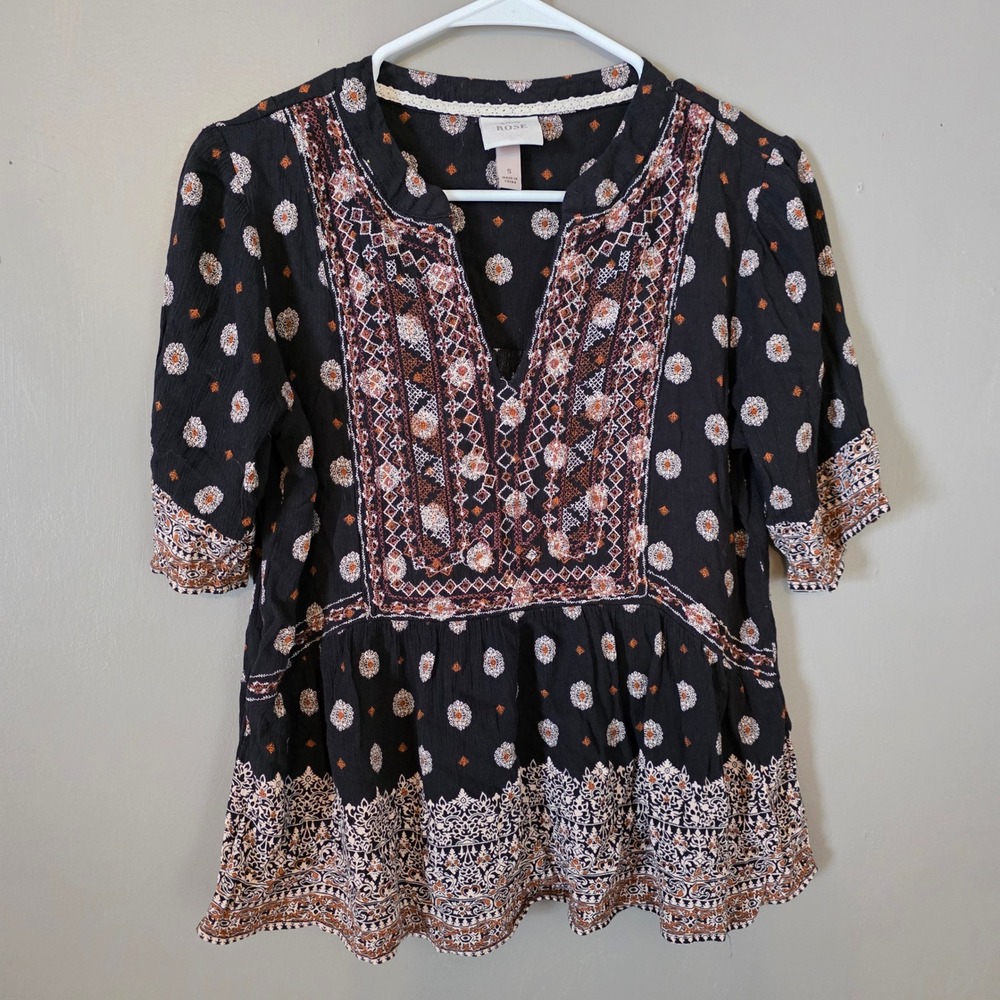 Knox Rose Womens Boho Top Size Small Black Embroidered Hippie Festival